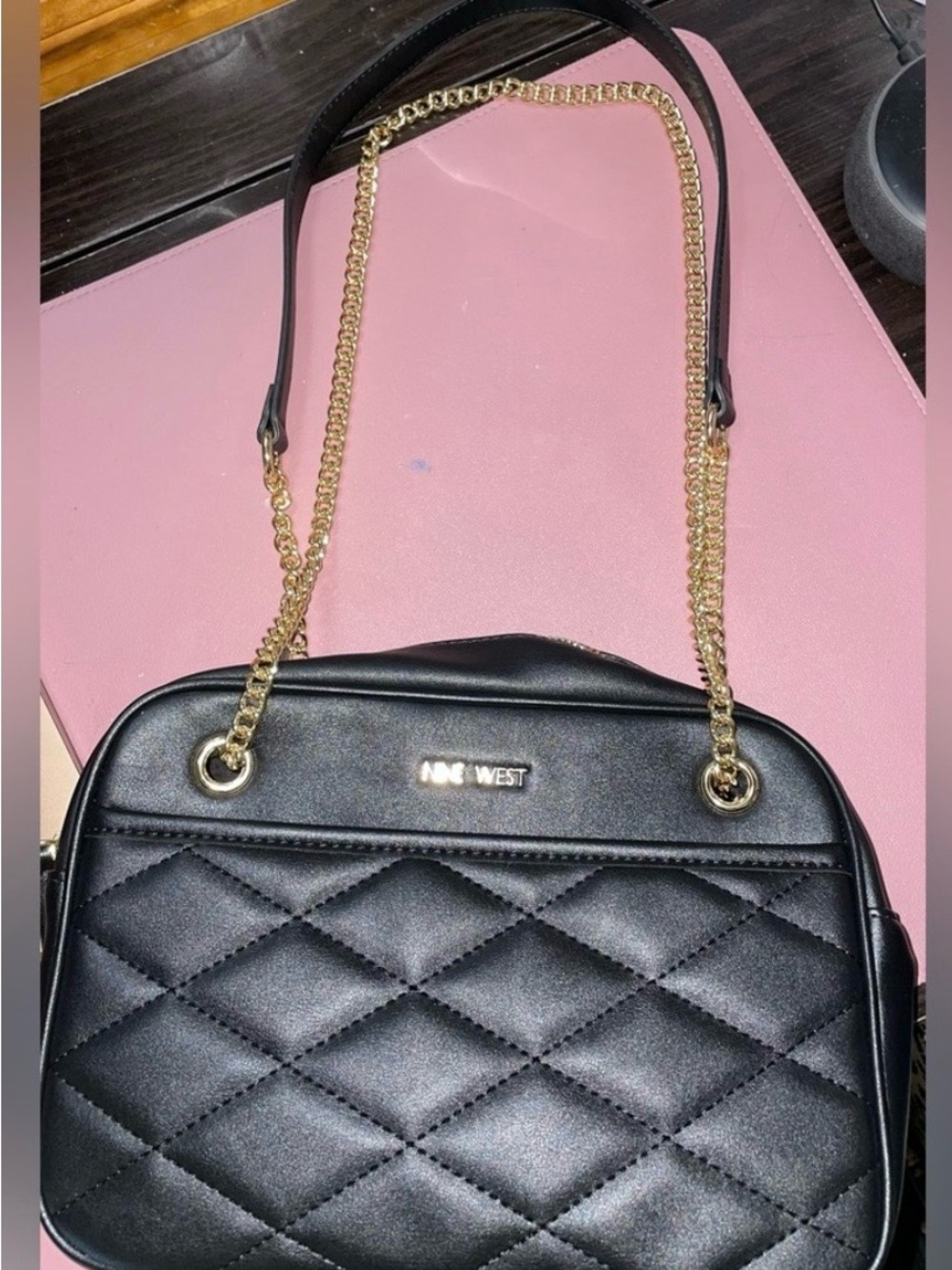 Nine West Black Quilted bag w/ gold chain strap